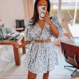 H&M Delicate Floral Cottegecore Puff Sleeve Flounce Trim Dress - M